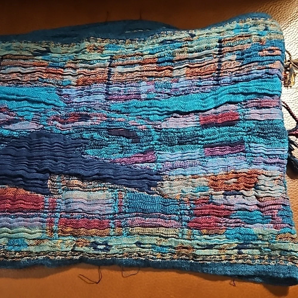 VTG Handwoven Turquoise Multi-color Rainbow Crinkle Fringe Scarf